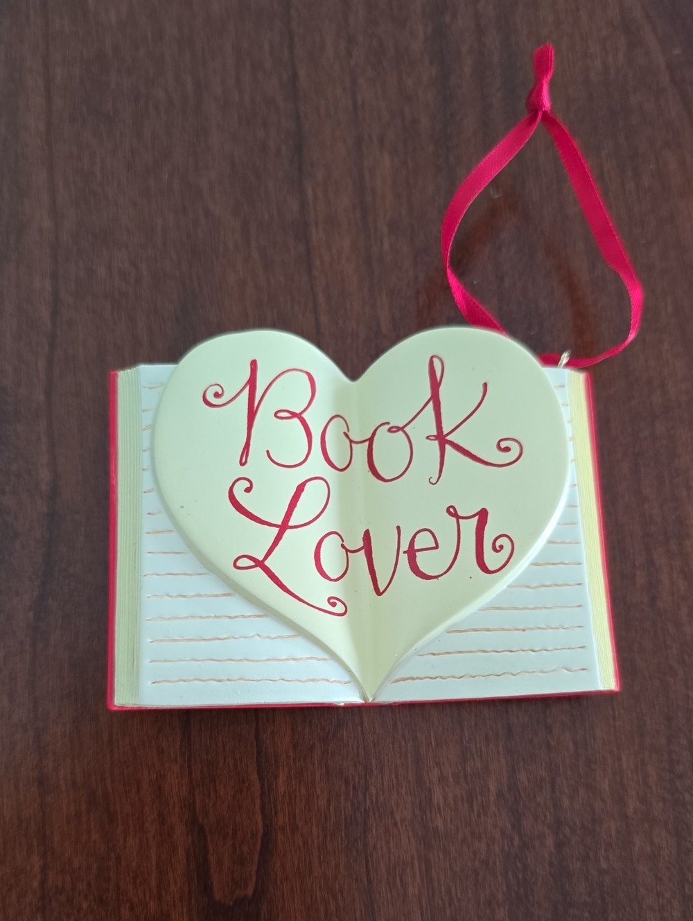 Book Lover Heart Ornament - Red And Cream